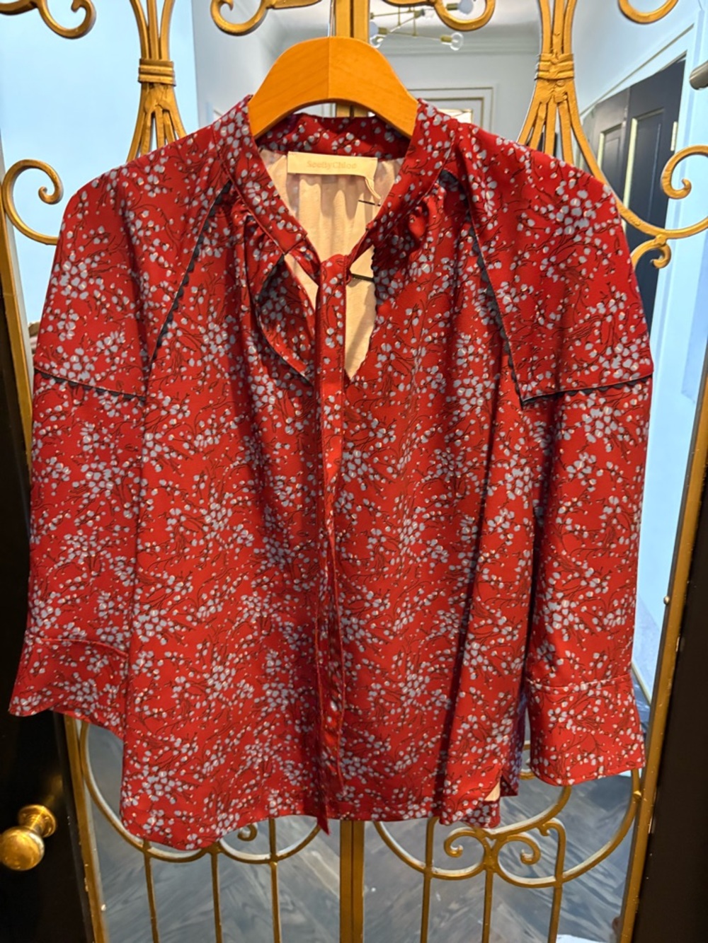 Red Floral Tie-Neck Blouse lace hem size 38 see by Chloe